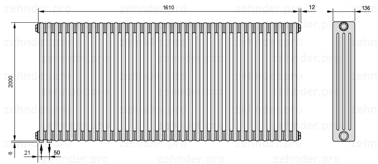 Схема (чертеж) Радиатор Zehnder Charleston 4200/35 №3370 Белый глянцевый RAL 9016